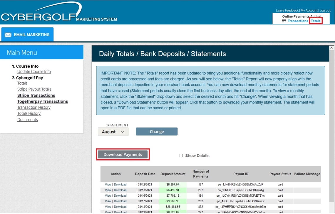 Screenshot of Totals reporting screen