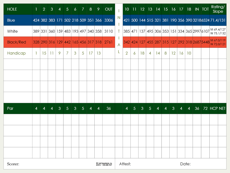 23+ Browns Lake Golf Course Scorecard